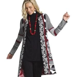 Chico’s Women’s 1 Natasha Cardigan Long Open Front Sweater Red Geometric Print